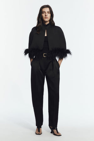 Black Feather-Trim Cape - front