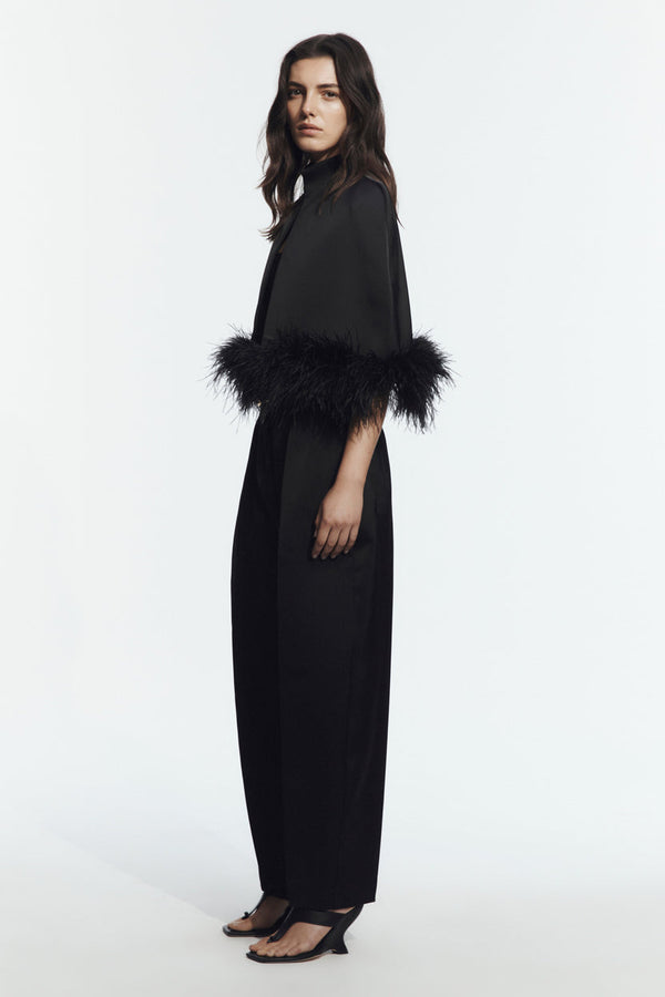 Black Feather-Trim Cape - side