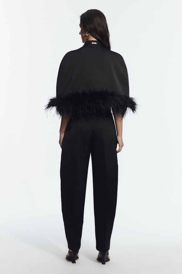 Black Feather-Trim Cape - back
