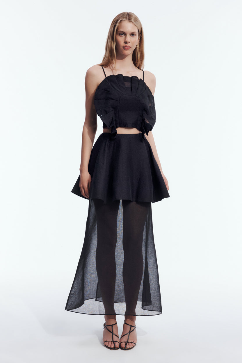 Black Ruffle Bandeau & Sheer Peplum Skirt Set - front