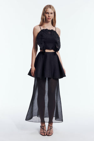 Black Ruffle Bandeau & Sheer Peplum Skirt Set - front