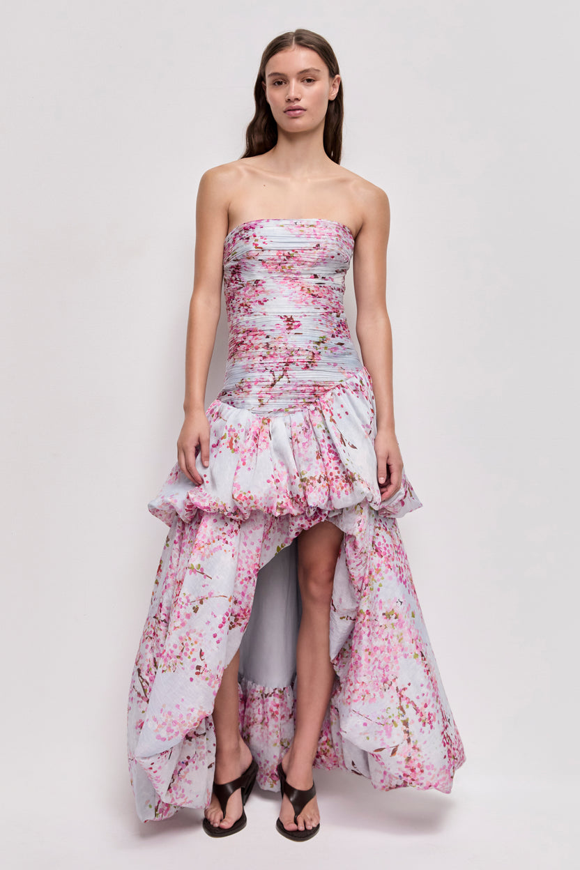 Blossom Print Strapless High-Low Gown - front