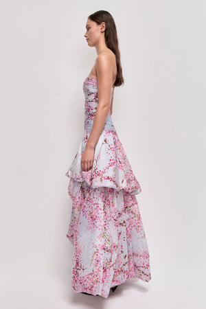 Blossom Print Strapless High-Low Gown - side