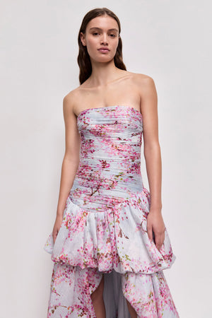 Blossom Print Strapless High-Low Gown - bodice detail
