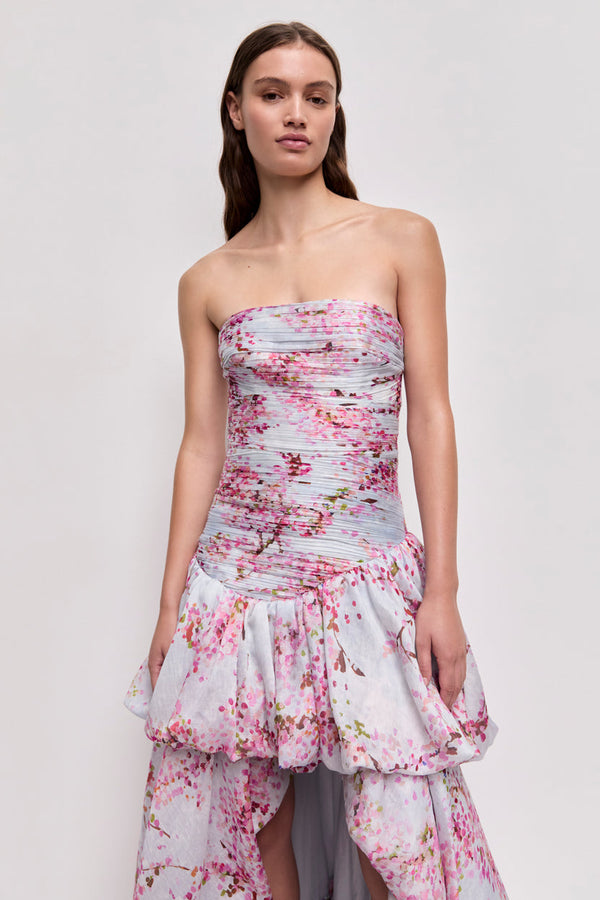 Blossom Print Strapless High-Low Gown - bodice detail