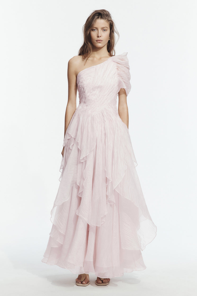 Blush One-Shoulder Tiered Gown - front