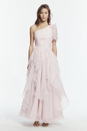 Blush One-Shoulder Tiered Gown - front