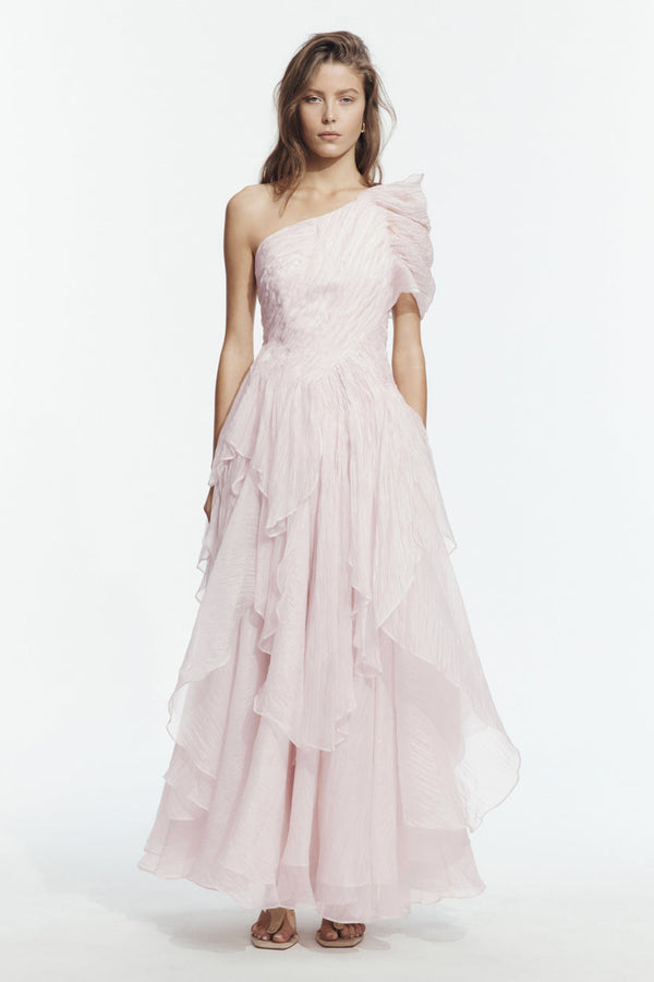 Blush One-Shoulder Tiered Gown - front