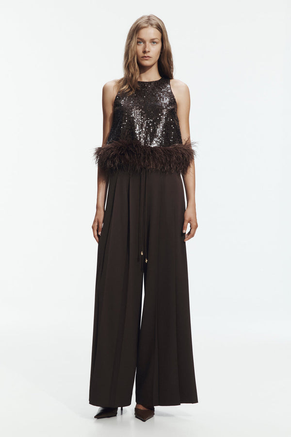 Carob Sequin Feather Top & Wide-Leg Trouser Set - front