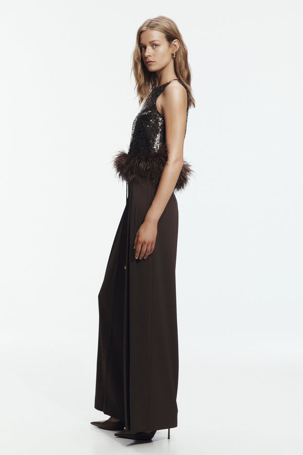 Carob Sequin Feather Top & Wide-Leg Trouser Set - side