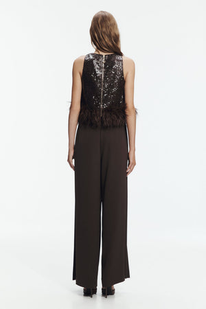 Carob Sequin Feather Top & Wide-Leg Trouser Set - back