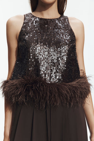 Carob Sequin Feather Top & Wide-Leg Trouser Set - top detail