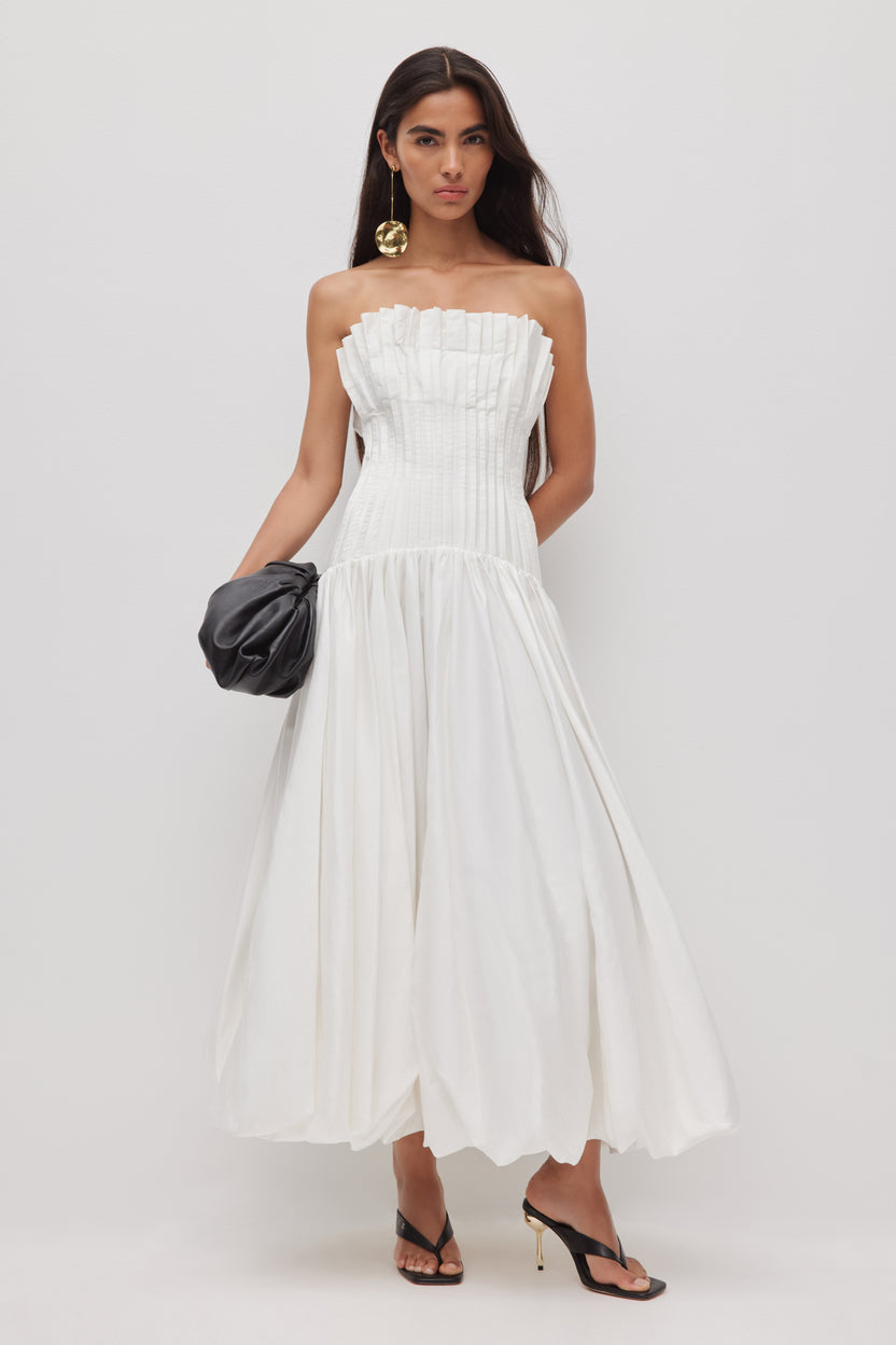 Ivory Pintucked Bustier Midi Dress - front