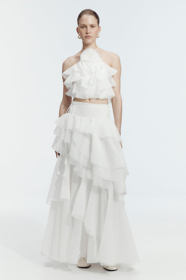 Ivory Ruffle Top & Tiered Maxi Skirt Set - front