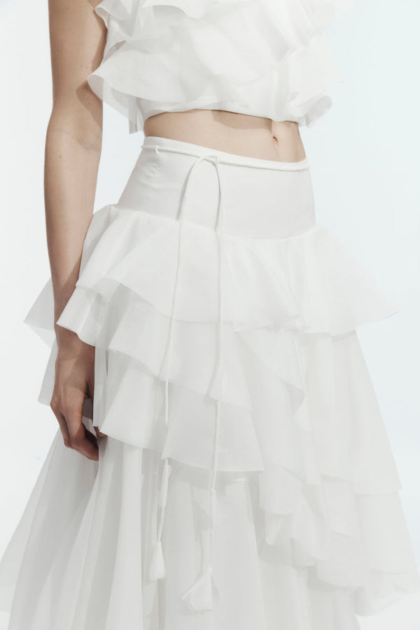 Ivory Ruffle Top & Tiered Maxi Skirt Set - skirt detail