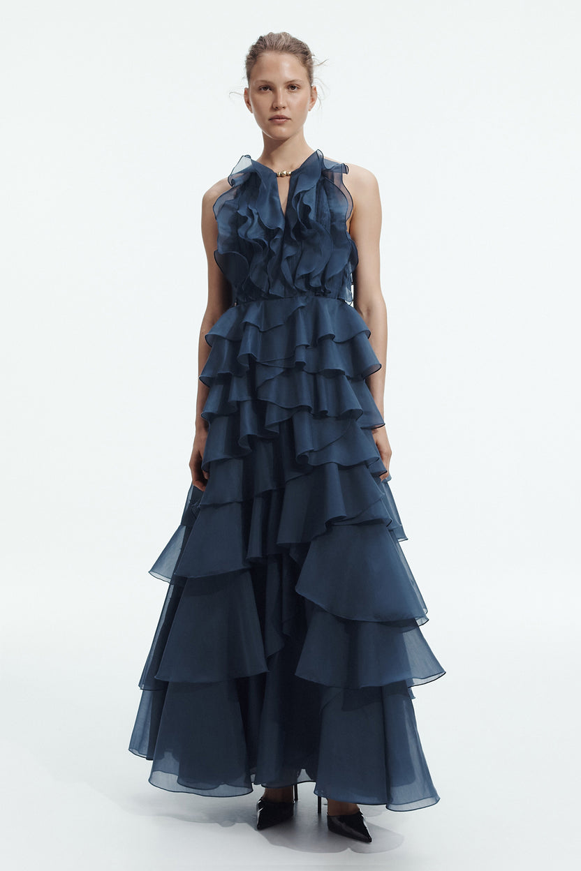 Midnight Tiered Ruffle Halter Gown - front