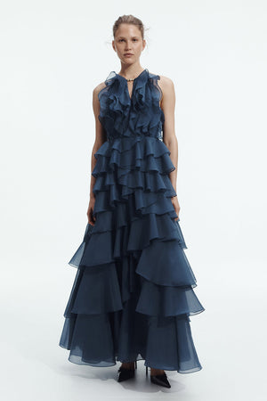 Midnight Tiered Ruffle Halter Gown - front
