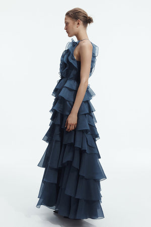 Midnight Tiered Ruffle Halter Gown - side
