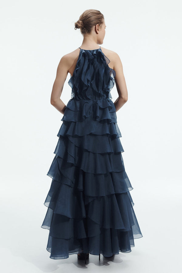 Midnight Tiered Ruffle Halter Gown - back