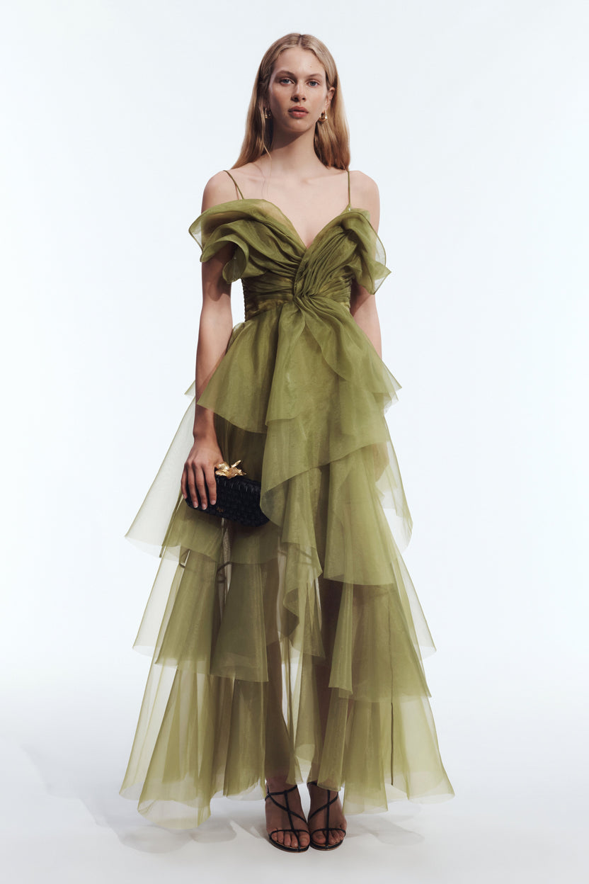 Olive Tulle Ruffle Gown - front