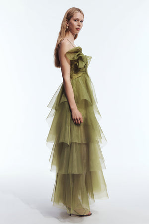 Olive Tulle Ruffle Gown - side