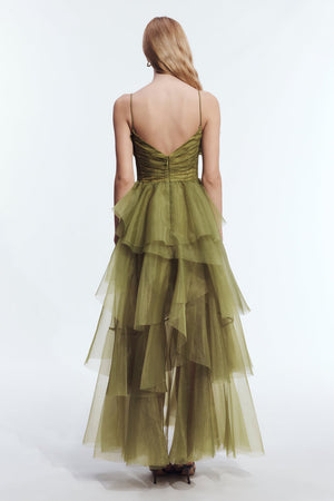 Olive Tulle Ruffle Gown - back