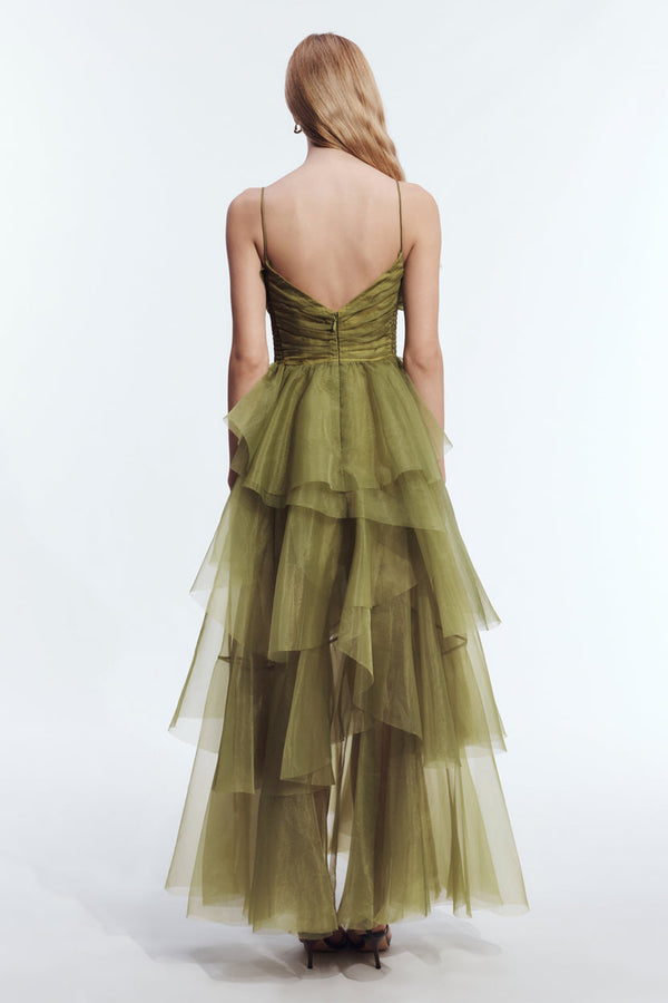 Olive Tulle Ruffle Gown - back
