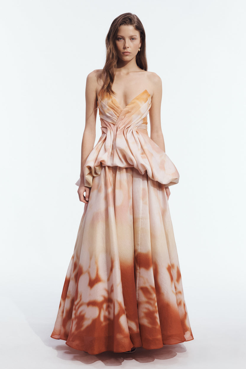 Shadow Bloom Strapless Peplum Gown - front