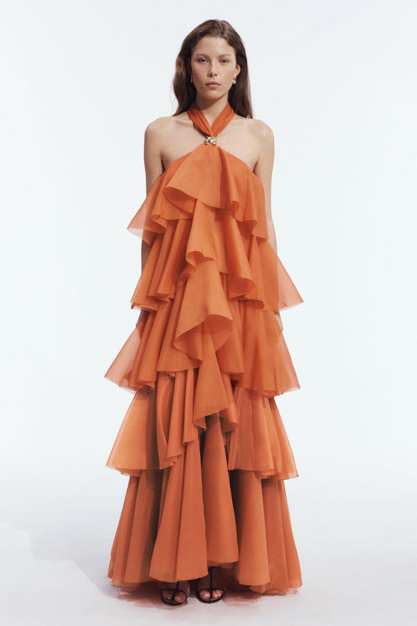 Spiced Orange Halter Tiered Gown - front