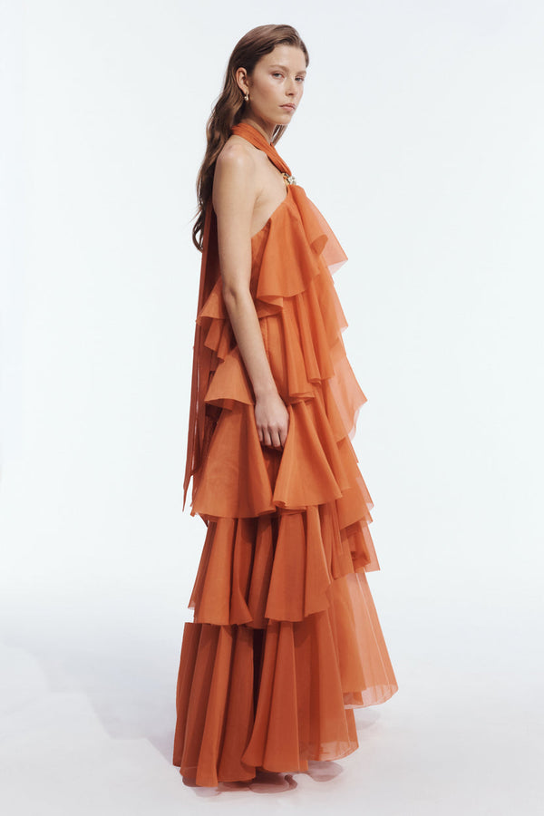 Spiced Orange Halter Tiered Gown - side