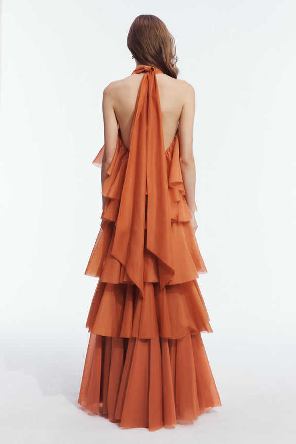 Spiced Orange Halter Tiered Gown - back